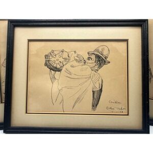 Vintage Orig Ink Drawing Framed Matted 1943 Ethel Trebits cultural garment Folk‎
